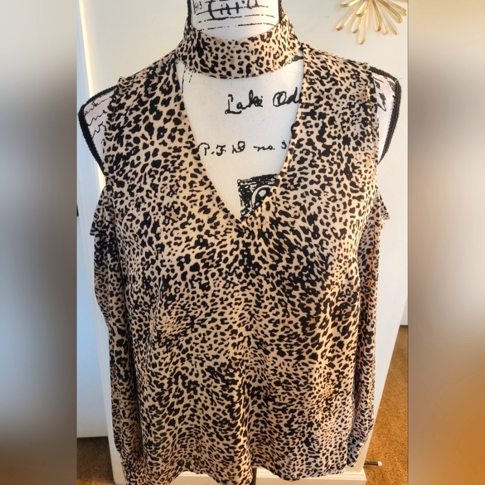 Animal Print Cold Shoulder Long Sleeve ~ Cut-Out Halter Top